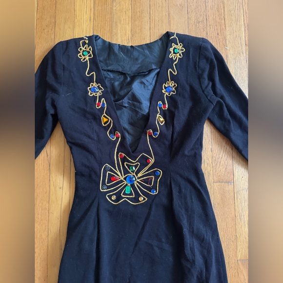 80s Vintage Long Sleeve Gothic Jewel-Trimmed Mini Dress Sz Sm - Picture 3 of 9